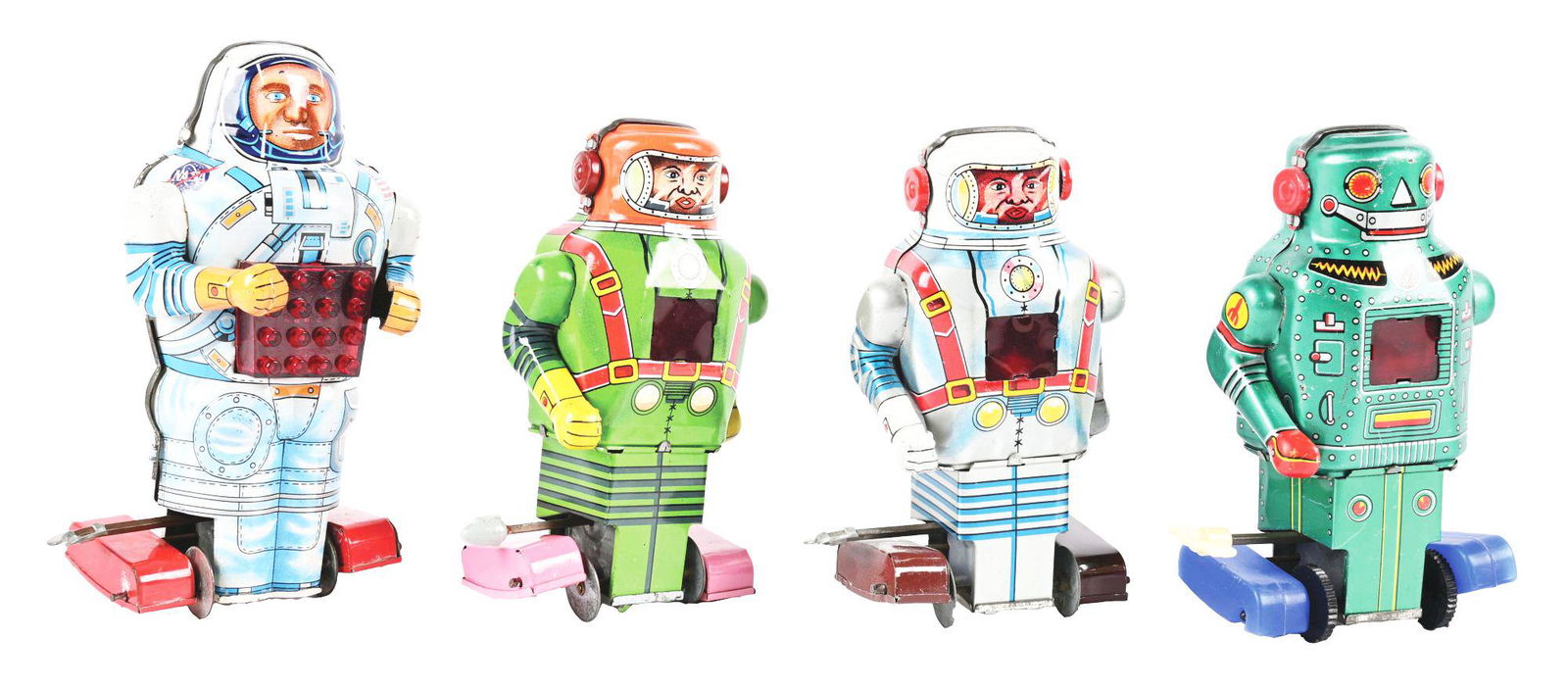 LOT OF 4: JAPANESE TIN LITHO ROLLER FEET ROBOT & ASTRONAUT TOYS. (1 of 4)