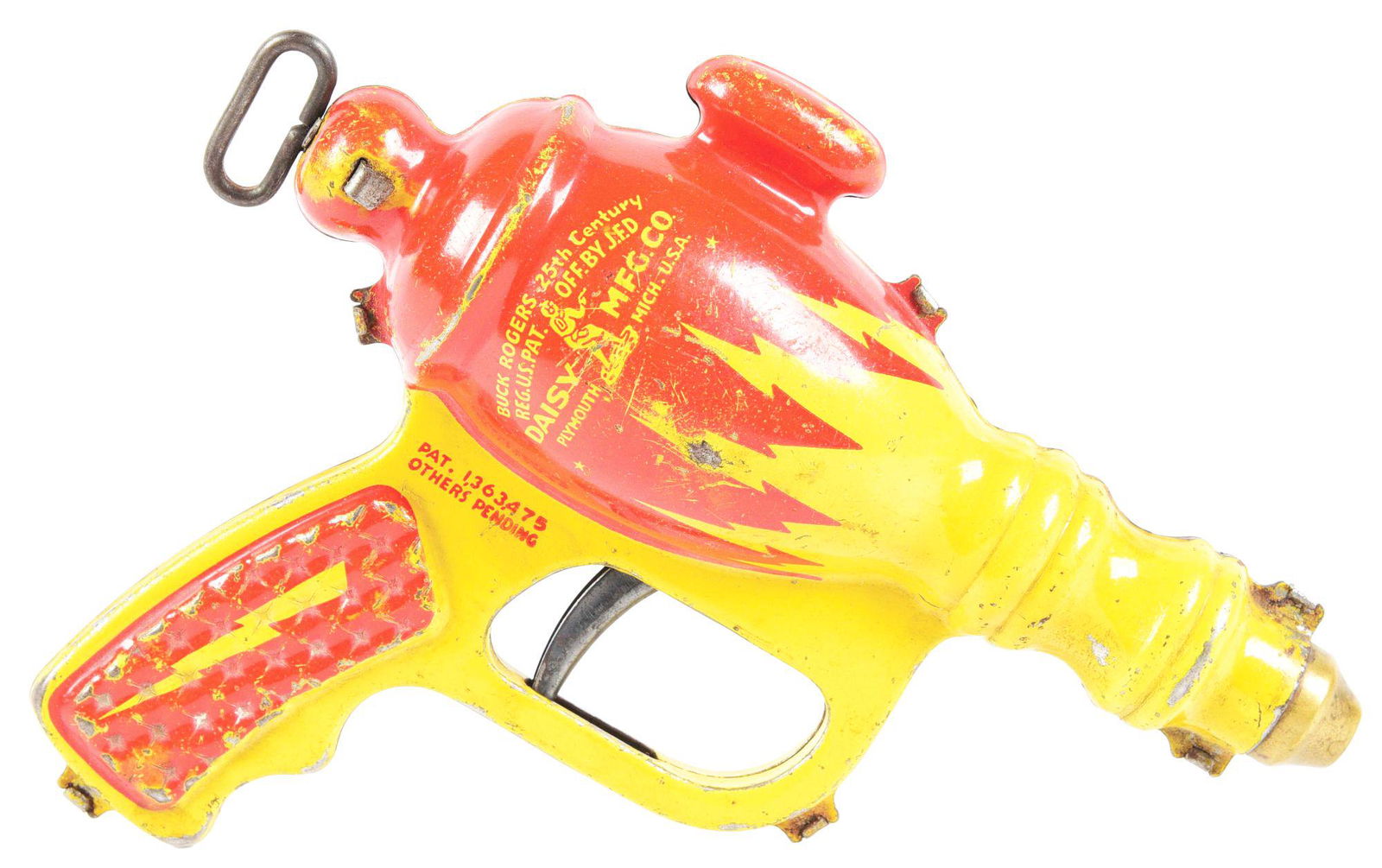 DAISY BUCK ROGERS LIQUID HELIUM WATER PISTOL.: Pre-war tin litho, nice red and yellow coloring. Complete and works. Some scratching and wear throughout. Condition: (Very Good). Dimensions: 7 - 1/2" x 2" x 6".
