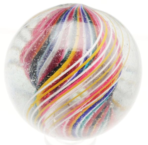 Large Double Ribbon Swirl Marble.: Multicolored core with outer groupings of alternating white and yellow latticino. Nice twist of colors at top pontil. Surface shows minor surface scratching and micro as-made pitting. Condition (9.3).