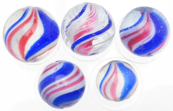 Lot of 5: Peppermint Style Marbles.: Lot includes three peppermint ribbons, one peppermint swirl, and one peppermint-style ribbon with outer white latticino thread bands. Condition (9.2). Size Range: 9/16" to 3/4" Dia.