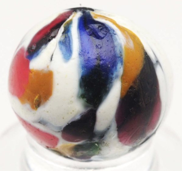 Single Pontil 360° End of Day Indian Marble.: Nice spotting of colors in white, red, yellow, green, purple, and blue. Great-looking and hard-to-find single pontil Indian marble. Some as-made cold roll marks and typical indentations. Condition (9.