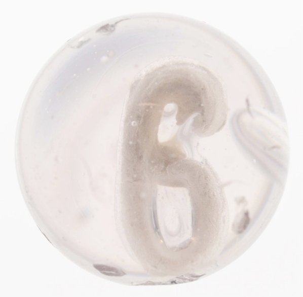 Number 6 Sulphide Marble.: Well-centered number "6" figure has a slight air bubble. This marble has been polished with damage still showing. Condition (Polished). Size 1 - 7/16" Dia.
