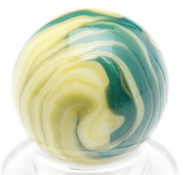 Christensen Agate Tri-Color Flame Marble.: Light yellow base with green and olive flames. Nice flame pattern throughout. Condition (9.7). Size 5/8" Dia.