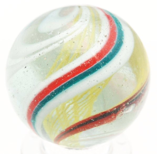 Unusual Looping Yellow Latticino Swirl Marble.: Outer bands of white, red, turquoise, and orange. One on side of the marble the outer bands loop back to the faceted pontil. One as-made fracture and one small as-made hot spot. Condition (9.2). Size 