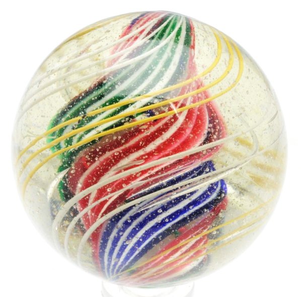 Large Divided Core Swirl Marble.: Fat divided core made up of bands consisting of red/white, blue/white, and green/white. Outer decorations in alternating sets of three of white and yellow latticino threads. Faceted pontil. Minor subs