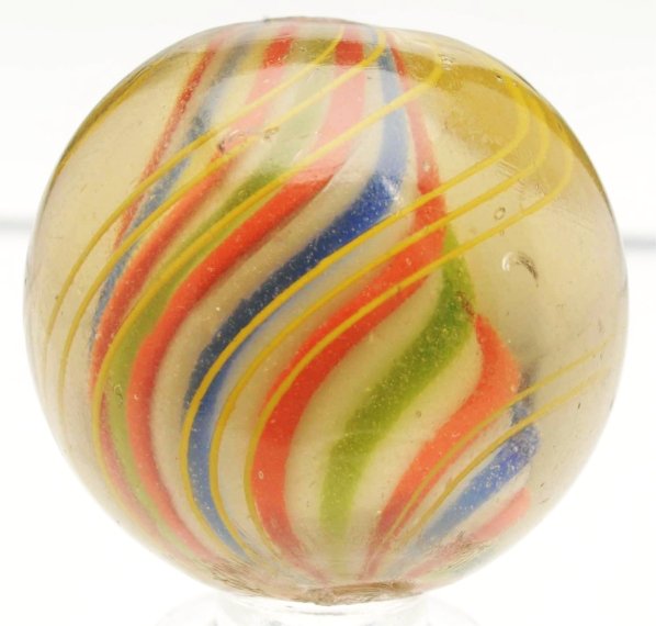 Tinted Glass Solid Core Swirl Marble.: Olive tinted glass with white solid core and bands of orange, green, and blue. Outer bands in groups of yellow latticino threads. Minor micro subsurface reflections. Condition (9.3). Size 1 - 1/4" Dia