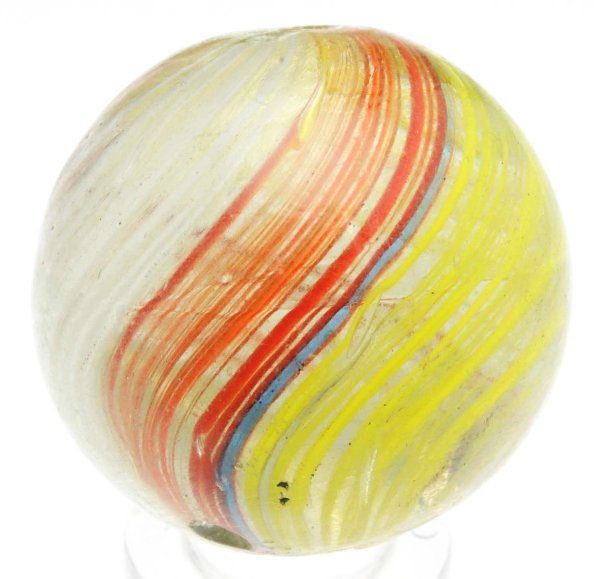 Mist Style Panel Joseph's Coat Marble.: Very unusual style. Panels in bright yellow, fire engine red, and white. Very striking marble. One as-made surface blowout near bottom pontil. Condition (9.0). Size 1 - 1/8" Dia.