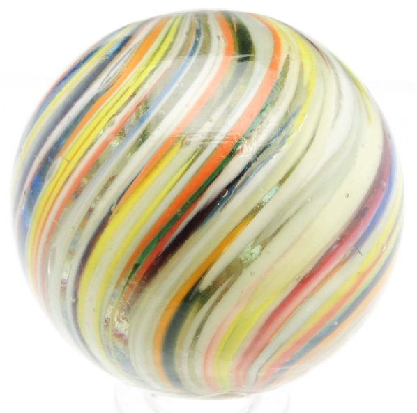Large Joseph's Coat Swirl Marble.: Beautiful Joseph's coat with colors of yellow, orange, white, green, and light orange. Looking through marble, one can see a fabulous blue core. Well-made marble with one small as-made pontil break. C