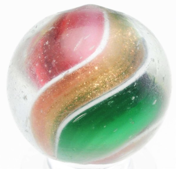 Ribbon Core Lutz Marble.: Red and green ribbon lutz with nice wide banding. Surface shows wear. Condition (9.0). Size 27/32" Dia.