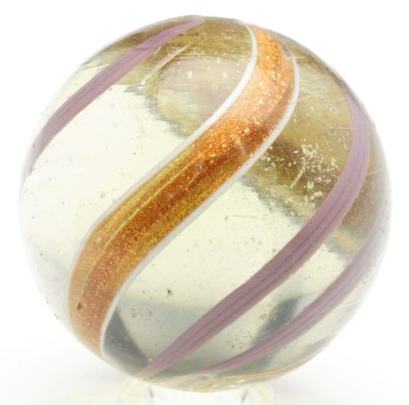 Large Banded Lutz Marble.: Clear base lutz with lavender bands. Marble surface shows wear and as-made small indentations. Also, one as-made internal fracture running along one lutz band. Condition (9.0). Size 1 - 11/16" Dia.