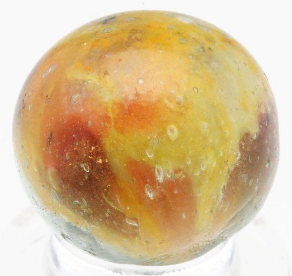Single Pontil End of Day Lutz Marble.: Very hard to find. Base consists of white, yellow, and red. Nice spotting of lutz throughout. Condition (9.7). Size 5/8" Dia.