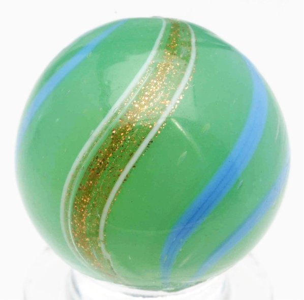 Green Opaque Banded Lutz Marble.: Green opaque base with baby blue lines. One as-made small micro surface blowout near bottom pontil. Condition (9.2). Size 25/32" Dia.