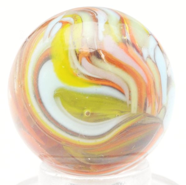 Christensen Agate Cyclone Guinea Marble.: Beautiful cyclone effect in the outer layer of color. This marble has great eye-appeal; however, there is one small chip and one subsurface reflection. Condition (8.8). Size 11/16" Dia.