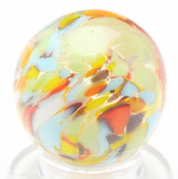 Christensen Agate Clear Base Guinea Marble.: Single pinch line Guinea with two subsurface reflections. Condition (9.2). Size 21/32" Dia.