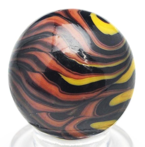 Christensen Agate Tri-Color Flame Marble.: Very busy flame marble in yellow, black, and brown. Great flame pattern and great black accents. Some as-made indentations that are typical of this type of marble. Condition (9.6). Size 3/4" Dia.