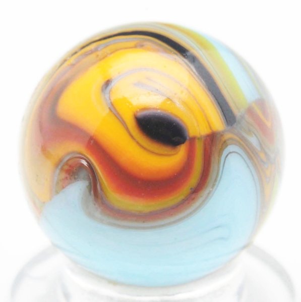 Christensen Agate Striped Opaque Marble.: Blue base marble with green, orange, red, black, yellow, and gray. Great diaper fold effect back to the pinch line. Very striking overall with great pattern. Some as-made surface indentations, typical