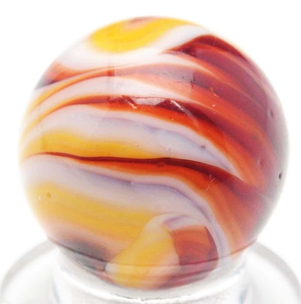 Christensen Agate Tri-Color Flame Marble.: Colors include white, yellow, and red. Condition (9.6). Size 5/8" Dia.