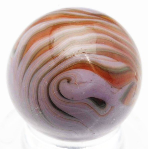 Christensen Agate Tri-Color Flame Marble.: Very unusual coloring for a flame with two-tone lavender base and light brown flame tips accented in chocolate brown. A few very minor flea bites and surface scratches throughout. Condition (8.9) Size