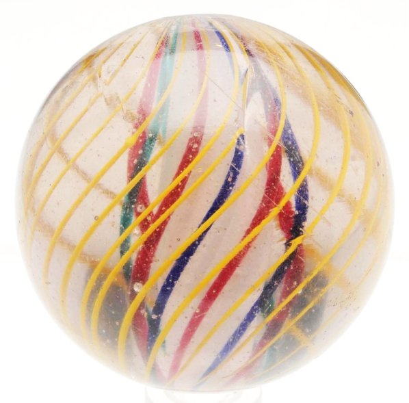 Large 3-Stage Solid Core Swirl Marble.: White solid core surrounded by alternating bands of turquoise and red. Outer decoration is birdcage yellow latticino. Faceted pontil. Surface shows minor scratching. Condition (9.2). Size 1 - 5/16" Di