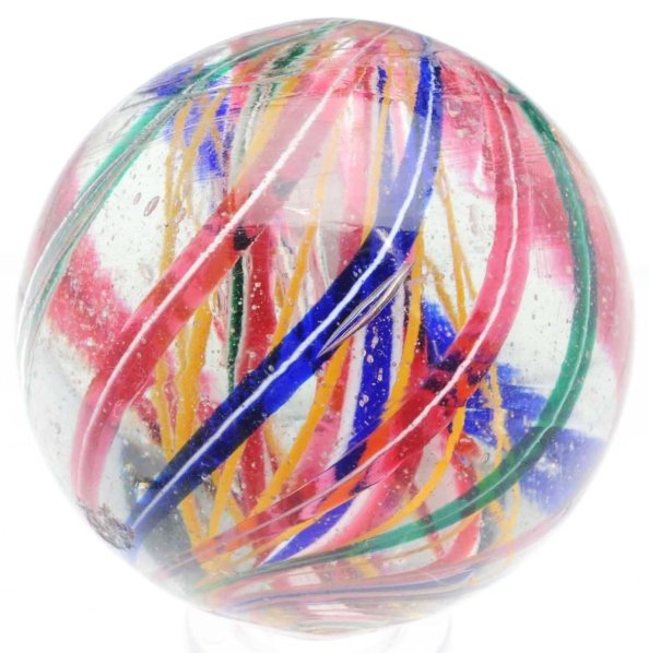 Complex 3-Stage Core Swirl Marble.: Center core is a divided core ribbon surrounded by birdcage yellow latticino threads and outer decoration in alternating green/white, red/white, and blue/white bands. Nice faceted pontil. Hard core-ty
