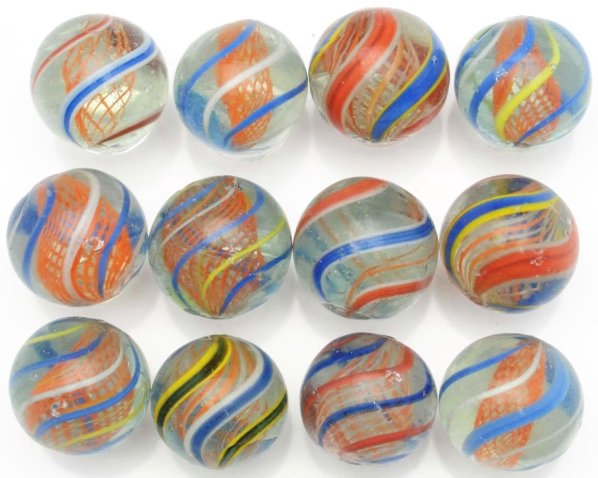 Lot of 12: Latticino Marbles.: Condition (8.0 - 9.0). Size Each: 1 - 1/16" Dia.