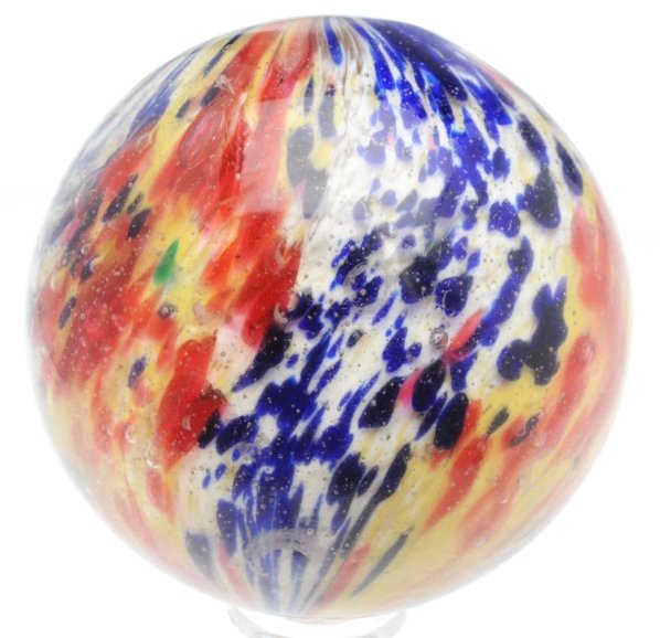 Large 4-Paneled Onionskin Marble.: Marble has a white base with two opposing panels of cobalt/white and two panels of yellow/red. Nice spotting of cobalt blue. Minor subsurface reflections. Condition (9.1). Size 2 - 3/8" Dia.
