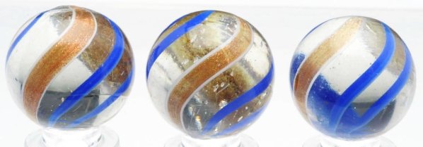 Lot of 3: Same Cane Banded Lutz Marbles.: Set of same cane lutz marbles with clear base and blue bands. All three have nice, bold lutz banding and as-made cold roll marks. Condition (9.5). Size Each: 63/64" Dia.