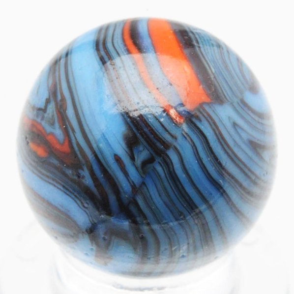 Christensen Agate Striped Opaque Marble.: Baby blue base with orange and black striping and two pinch lines. Condition (9.6). Size 5/8" Dia.