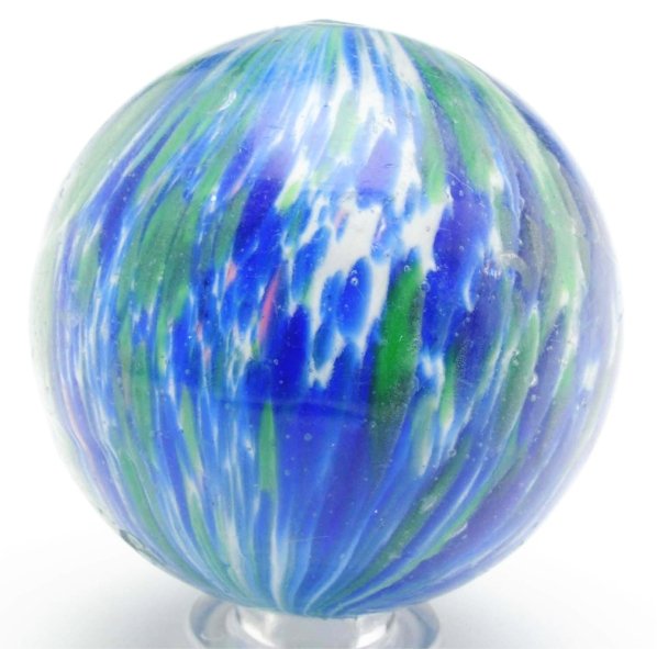 Multicolored Onionskin Marble.: White base with green and blue spotting. One subsurface reflection. Condition (9.1). Size 1 - 11/16" Dia.