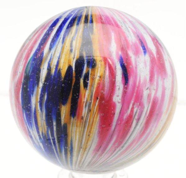 Large 4-Paneled Onionskin Marble.: White base onionskin with two opposing panels of white, goldish yellow, and cobalt and two opposing panels of pink and white. One minor subsurface reflection but no chips or glass missing. Also, some 