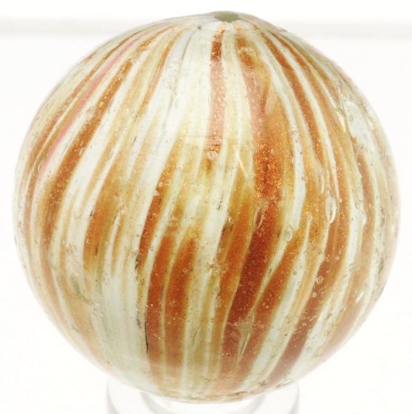 Large White Onionskin Lutz Marble.: White base onionskin loaded with lutz. One small streak of pink. Surface wear, minor chips, and subsurface reflections. Condition (8.6). Size 1 - 7/16" Dia.