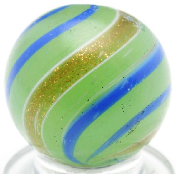 Semi-Opaque Olive Green Banded Lutz Marble.: Semi-opaque olive green base with dark blue outer bands. Marble is symmetrically made with nice craftsmanship. Minor surface chips. Condition (8.8). Size 11/16" Dia.