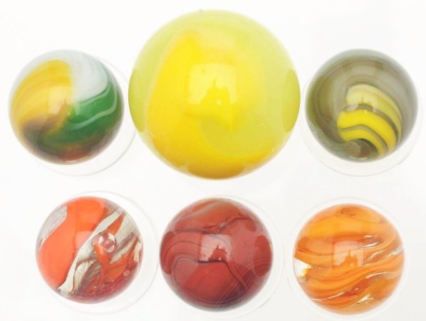 Lot of 6: Machine Made Marbles.: Includes a nice selection of machine-mades. The largest is an Akro lemonade corkscrew. Also includes one Akro four-color corkscrew, one Akro hybrid Popeye in yellow, grayish brown, and green, one Akro
