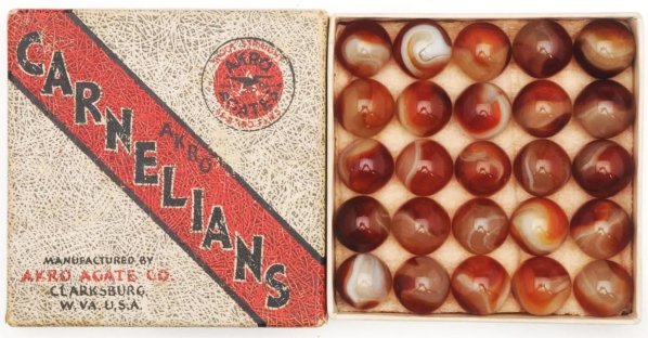 Akro Agate No. 0 Carnelian Marble Box Set.: This set contains 25 beautiful Carnelian Agate marbles. Box bottom is in excellent condition while the box top has minor wear to corners. Condition Marbles (9.3) Box (Excellent). Size Marbles: 5/8" Di