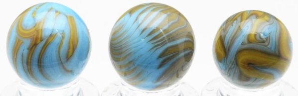 Lot of 3: Christensen Agate Flame Marbles.: Includes two with blue bases and yellow flames accented in gray and one with blue base and yellow flames. All three marbles have nice flame patterns. Condition (9.3). Size Range: 9/16" to 5/8" Dia.