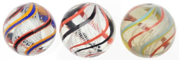 Lot of 3: White Latticino Marbles.: Includes one white latticino with bright outer decoration in alternating orange and blue bands and bright orange and black bands. The second marble is a white latticino with outer decorations of yello