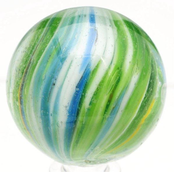 4-Paneled Onionskin Marble.: Two opposing panels of white, blue, and yellow and two opposing panels of green and white. This marble has several subsurface reflections and one micro as-made hot spot. Condition (9.1). Size 1 - 9/16