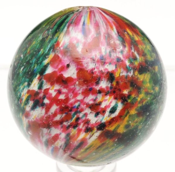 4-Paneled Onionskin Marble.: Two opposing panels of green and yellow with two opposing panels of pink, turquoise, and blue. Chunks of red float over all four panels. Very striking onionskin. One pontil break chip and subsurface r