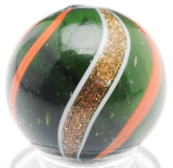 Dark Green Glass Banded Lutz Marble.: Hard-to-find dark apple green base with orange bands. One large shallow chip and one small chip. Condition (8.6). Size 3/4" Dia.