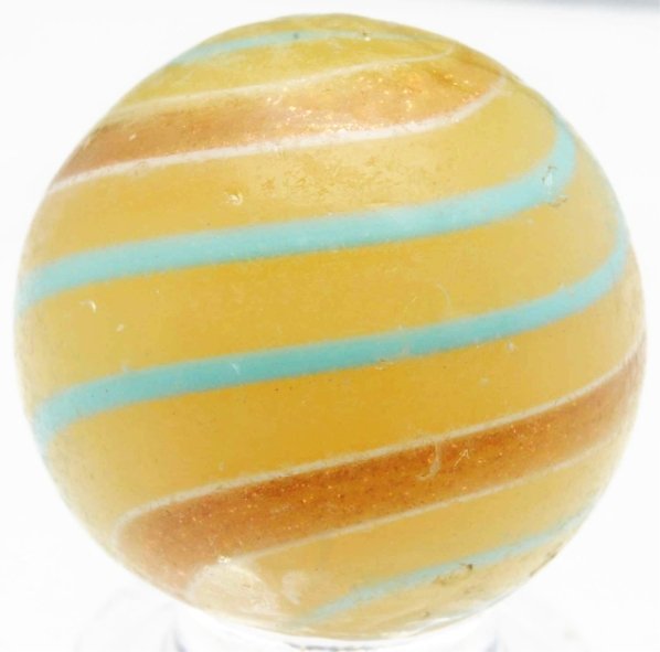 Butterscotch Banded Lutz Marble.: Butterscotch opaque base with outer baby blue bands. Several minor surface chips and one surface reflection. Condition (8.6). Size 7/8" Dia.