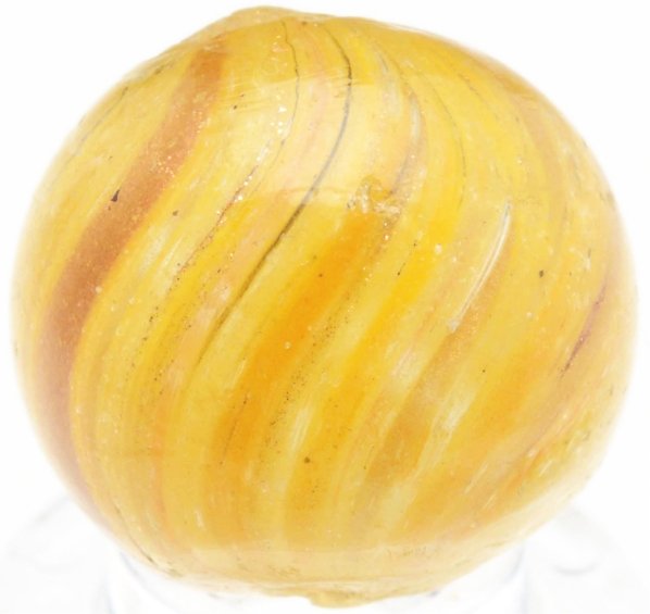 Yellow Onionskin Lutz Marble.: Yellow base with lutz. As-made hot spot near top pontil and two small chips. Condition (8.7). Size 5/8" Dia.