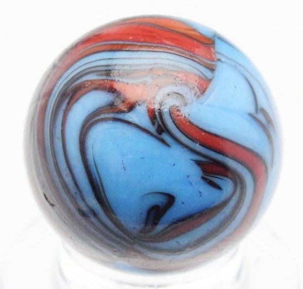 Christensen Agate Striped Opaque Marble.: Baby blue base with reddish-orange striping and double pinch line. Some as-made surface debris embedded in marble. Condition (9.1). Size 5/8" Dia.