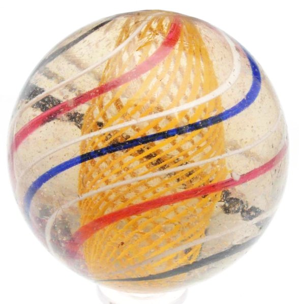 Large Yellow Latticino Swirl Marble.: Well-crafted marble with yellow latticino core. Outer decorations are alternating white/blue and white/red. One micro subsurface reflection. Condition (9.4). Size 2 - 3/16" Dia.