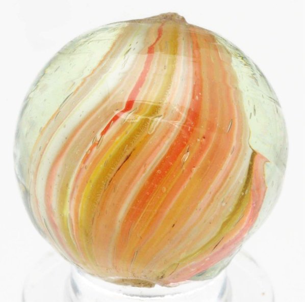 Shrunken Core Onionskin Marble.: Shrunken core in white, pink, and green. Color striping is magnificent. Condition (9.8). Size 25/32" Dia.
