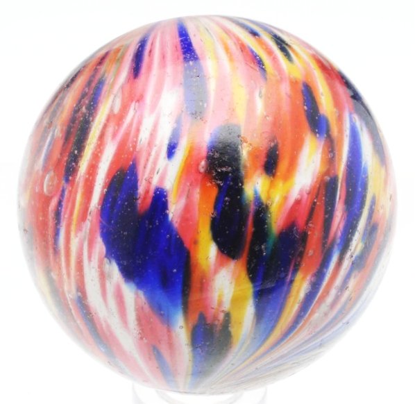 Large Multicolor Onionskin Marble.: White base with nice spotting of red, cobalt, and yellow. Surface wear and minor flea bites. Condition (8.9). Size 2" Dia.