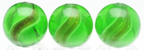 Lot of 3: Green Glass Ribbon Lutz Marbles.: All with white ribbons and apple green transparent bases. Nice, wide lutz banding throughout. One marble has an internal subsurface fracture from bottom pontil to halfway up the marble. Condition (9.2
