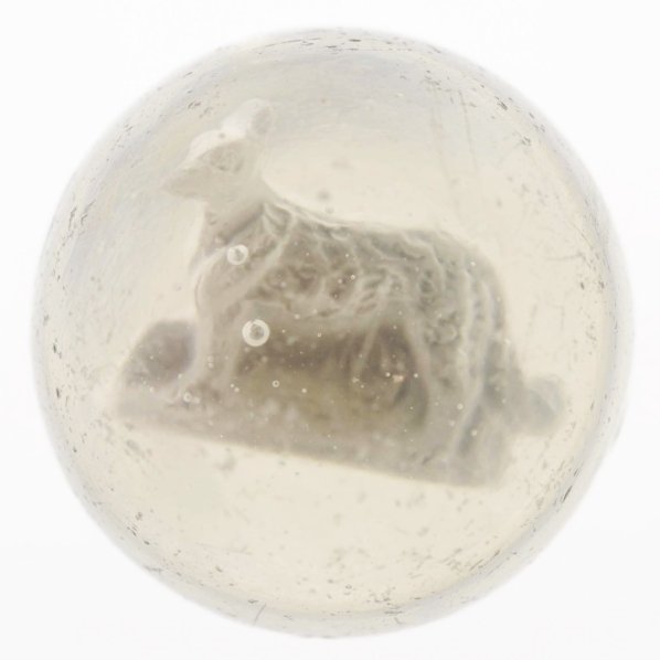 Fox Sulphide Marble.: Great figure of the hard-to-find fox. Figure is well-centered in marble. Original surface shows some wear and minor chipping. Condition (8.8). Size 1 - 5/8" Dia.
