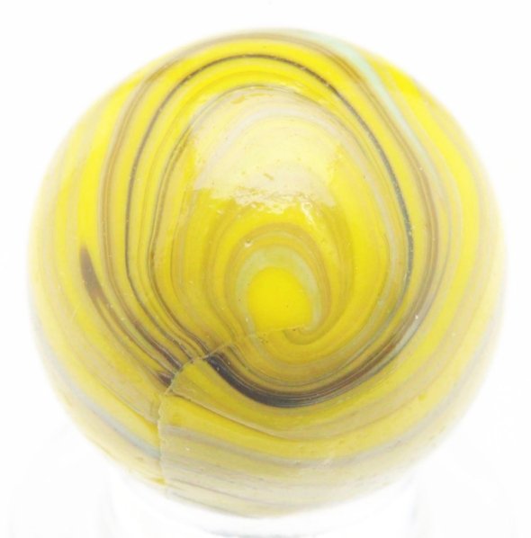 Christensen Agate Striped Opaque Marble.: Yellow opaque base with black, brown, and mint green striping. This marble has two pinch lines and a nice diaper fold effect on bottom half. Condition (9.3). Size 11/16" Dia.