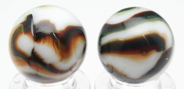 Lot of 2: Peltier Burnt Christmas Tree Marbles.: Includes one with white base, chocolate brown, and green. A few minor surface chips. Also includes one with white base, dark brown, lighter brown, tan, and green. Great condition. Condition (8.8 - 9.5