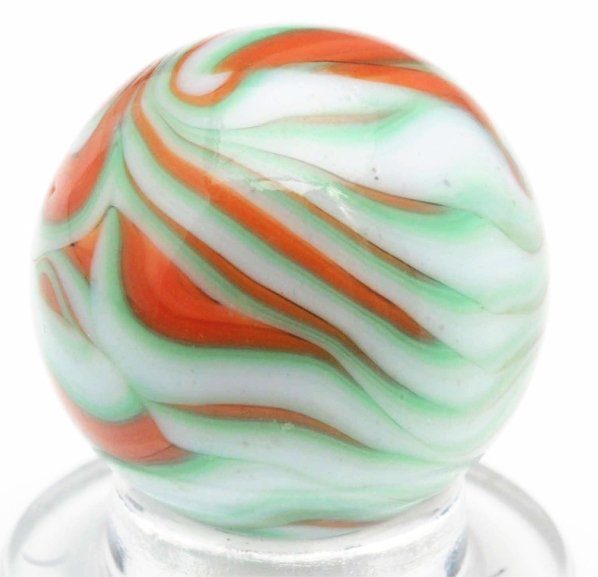 Christensen Agate Tri-Color Flame Marble.: White base with salmon and mint green flames. Nice flame pattern. Condition (9.7). Size 21/32" Dia.